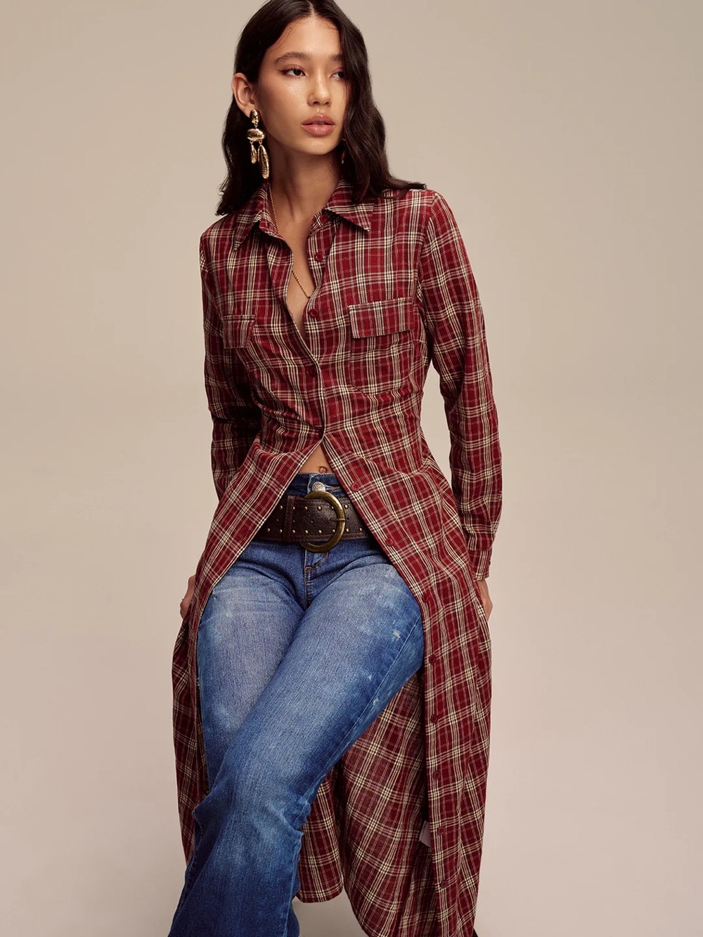 91 Plaid Button Front Shirt Dress - Picture 7 of 8